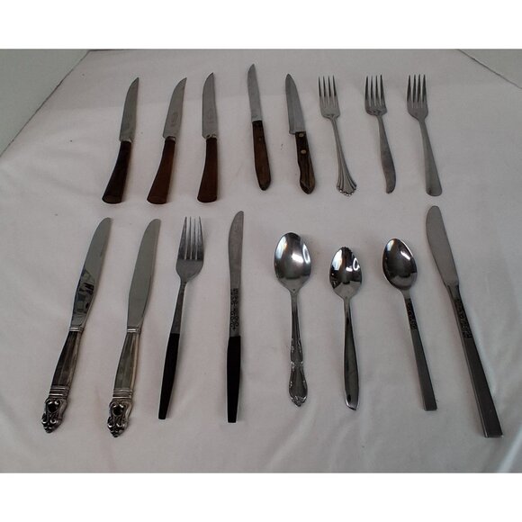 Stainless Steel Flatware Lot of 16 Assorted Brands & Mixed Forks Knives & Spoons - Picture 1 of 15